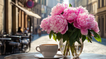 A cozy setup featuring a cup of hot coffee and a vase of peonies on a street cafe terrace, perfect for peaceful morning vibes.の素材