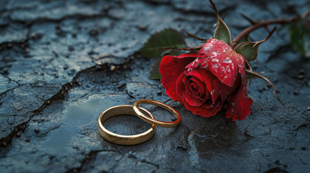 Two gold rings delicately balanced on a deep red rose with sharp thorns, lying on a soft ground, symbolizing love and struggle.の素材