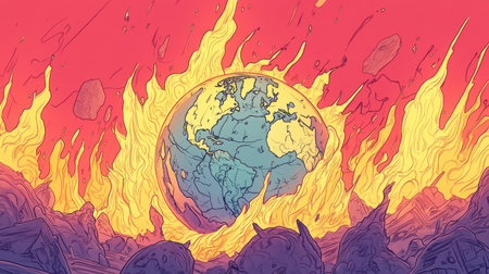Illustration of a cracking, overheating Earth surrounded by flames, symbolizing the catastrophic effects of climate change.の素材