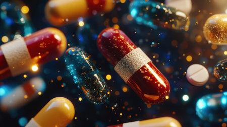 A close-up of colorful capsules and pills with decorative elements, highlighting both the beauty and caution of medication.の素材