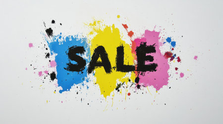 SALE in bold black letters on a bright white canvas, accented by colorful paint splashes. Eye-catching design for discounts and offers.の素材