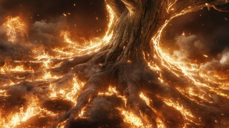 Close-up of a burning tree trunk surrounded by intense flames and glowing embers.の素材
