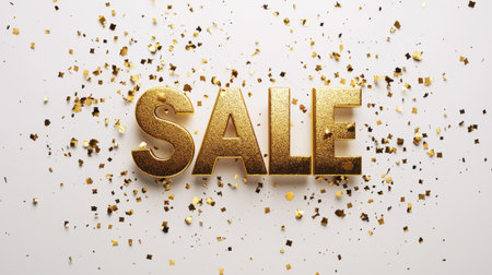 Sophisticated SALE text in golden lettering, surrounded by sparkling gold confetti on a white backdrop. Perfect for marketing campaigns.の素材