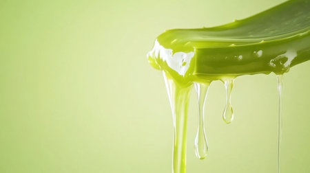 Close-up of aloe vera gel dripping from a leaf against a soft green backdrop, symbolizing hydration and purity.の素材