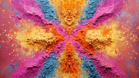 A kaleidoscope effect created using vibrant Holi powders in intricate symmetrical patterns on a flat surfaceの素材