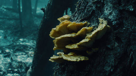 Close-up of the Sulphur Shelf mushroom growing on a tree trunk, showcasing its layered texture.の素材