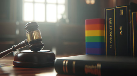 Justice symbolized by a judge gavel next to books adorned with a gay pride rainbow bookmark on a wooden surface.の素材