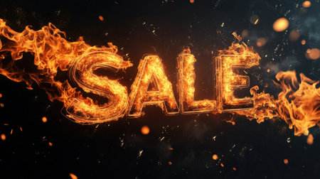 Radiant 'SALE' lettering surrounded by intense flames, capturing promotional energy and urgency on a sleek black canvas for marketing campaigns.の素材