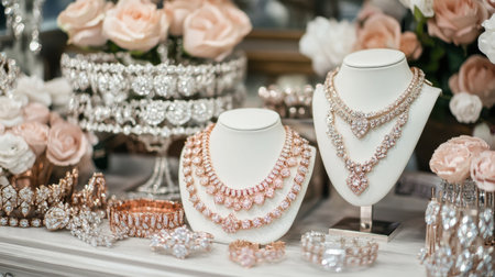 Stylish boutique counter with rose gold and diamond jewelry arranged under soft, warm lighting.の素材