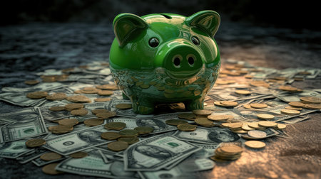Vivid green piggy bank perched on a large pile of cash and coins, symbolizing wealth and financial success.の素材