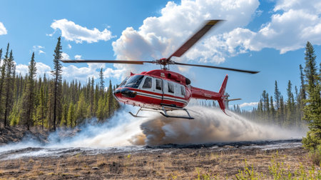 A firefighting helicopter releasing water over a burning section of forest with smoke rising.の素材