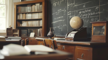 A vintage classroom with antique furniture, a blackboard with fading chalk writing, and a sense of nostalgia.の素材