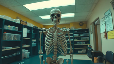 A science classroom with lab equipment on shelves and a skeleton model standing in the corner.の素材