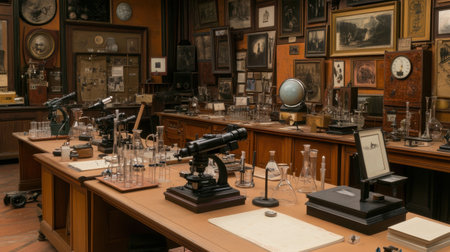 A science room with microscopes and beakers lined up on tables, an untouched experiment setup in place.の素材