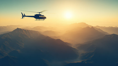 Helicopter flying over a stunning mountain range, capturing the beauty of aerial exploration.の素材