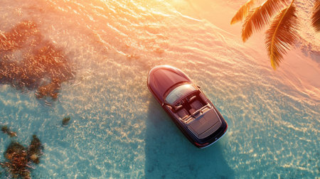 Luxury water car gliding through crystal-clear ocean waters against a vibrant sunset backdrop.の素材