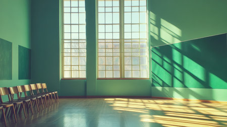 Classroom with green chalkboards, empty wooden chairs, and windows open to let in the fresh breeze.の素材