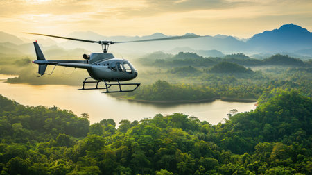 Aerial view of a helicopter flying over a dense green forest with a shimmering lake in the background.の素材
