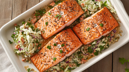 Healthy and delicious grilled salmon dish with spelt salad and coleslaw, captured from above on a rustic wooden table.の素材