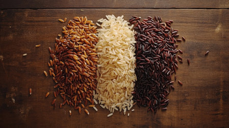 A mix of red, white, brown, and black rice arranged in a gradient pattern on a rustic wooden surface.の素材