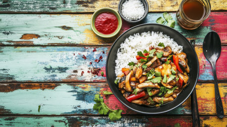 A warm bowl of rice mixed with saut ed mushrooms, placed on a colorful rustic wooden table.の素材