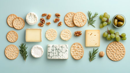 Assorted cheeses, crackers, grapes, rosemary, and walnuts, artistically arranged on a light blue backdrop.の素材