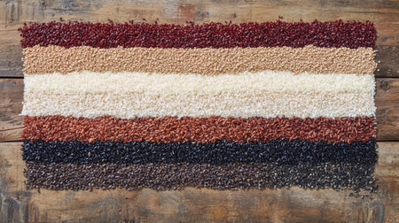 A mix of red, white, brown, and black rice arranged in a gradient pattern on a rustic wooden surface.の素材