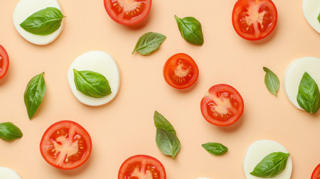 Artistic layout of Caprese components: mozzarella slices, basil sprigs, and tomato halves on a beige surface, banner designの素材