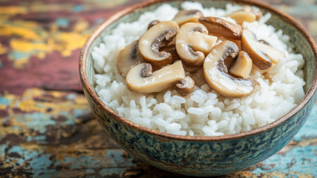 Close-up of a bowl filled with rice and mushrooms, colorful wooden table adding a lively touch to the scene.の素材