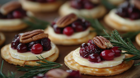 Close-up of holiday-themed flatbread snacks featuring cranberries, pecans, and brie, displayed on a wooden serving tray.の素材