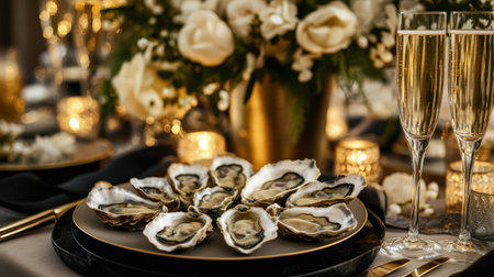 Close-up of fresh oysters on a serving platter with champagne flutes, set on a refined table for an upscale dining experience.の素材