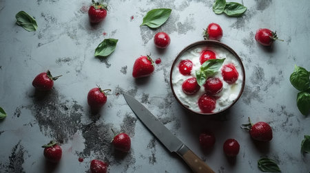 Flat lay of Caprese salad elements with a knife and cutting board on a textured cooking surface.の素材