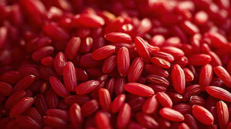 Close-up of vibrant red rice grains scattered on a deep rustic background, showcasing their natural beauty.の素材
