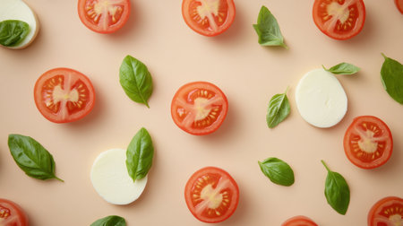 Artistic layout of Caprese components: mozzarella slices, basil sprigs, and tomato halves on a beige surface, banner designの素材