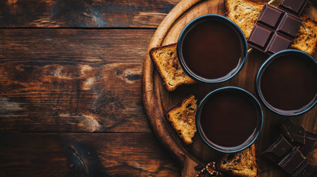 Delicious toast spread with creamy chocolate, shot from above on a wooden board, with room for text beside it.の素材