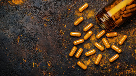 Close-up of Omega-3 supplements in vibrant yellow tones, scattered from a bottle onto a dark textured table.の素材