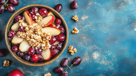 Pear and Roquefort salad with grapes and walnuts, beautifully arranged on a vibrant blue background, space for text.の素材