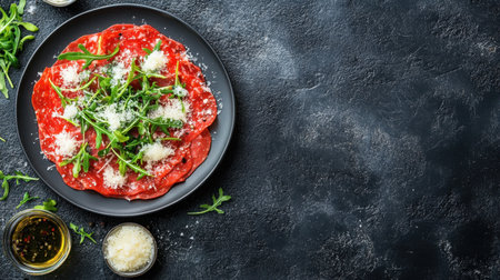Beef carpaccio served with fresh arugula and parmesan, shot from above on a textured dark surfaceの素材