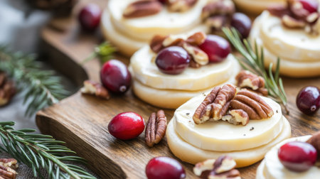 Close-up of holiday-themed flatbread snacks featuring cranberries, pecans, and brie, displayed on a wooden serving tray.の素材