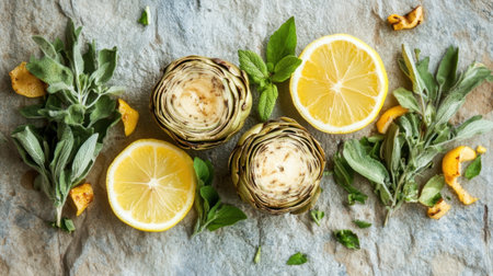 Grilled artichokes arranged beautifully with lemon slices and herbs, shot from above on a textured surface.の素材