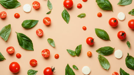 Mozzarella, fresh basil leaves, and ripe cherry tomatoes arranged on a beige backdrop for a banner layout.の素材