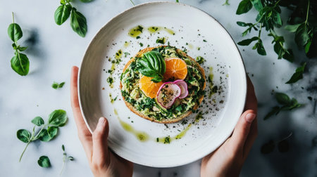 Someone holding a freshly made tuna salad sandwich, placed on a white plate with scattered herbs around.の素材
