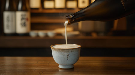 Traditional sake pour with a ceramic cup on a wooden table, evoking the charm of authentic Japanese dining.の素材