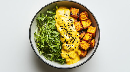 Top view of a vibrant vegan bowl with roasted sweet potatoes, fresh greens, and mustard dressing served on a white surface.の素材