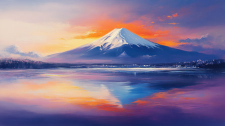 A breathtaking view of a mountain and lake during sunset, the calm waters mirroring the colorful sky, evoking deep peace and serenityの素材