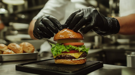 Chef wearing black gloves assembling a layered burger with lettuce, cheese, and sauce in a professional kitchenの素材