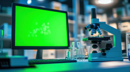 Laboratory scene with a desktop computer showing a green screen mock-up, test tubes, microscope, and blurred researchers performing tasks in the backdropの素材
