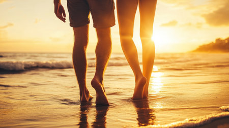 Couple enjoying a sunny day at the beach, hand-in-hand, with the sun reflecting off the water and the waves gently crashing on the shoreの素材
