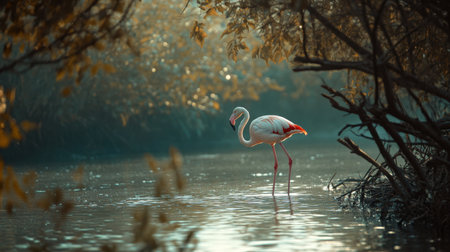 Graceful flamingo standing in shallow water, bathed in natural sunlight, creating a serene and elegant sceneの素材
