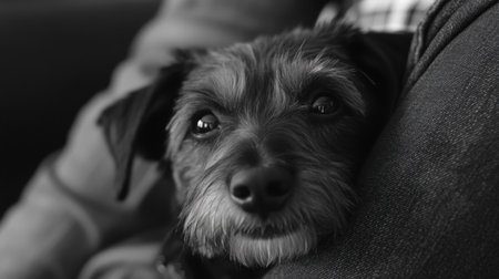 A dog resting its head on its owner lap, conveying trust and companionshipの素材